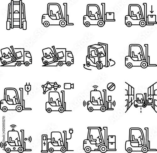 AGV robot autonomous mobile robot AMR pallet transport and tugger line icons set vector