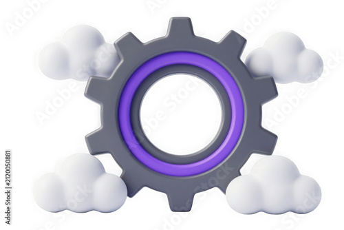 Industrial gear wheel surrounded by white clouds for system workflow.
