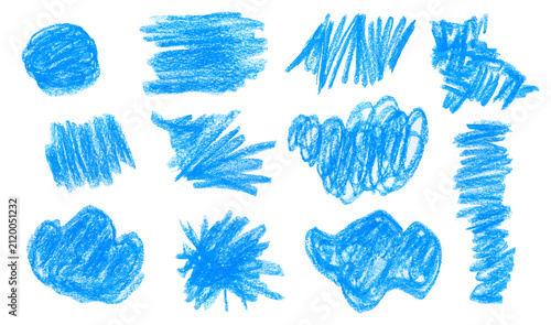 Abstract bright hand drawn blue turquoise crayon oil pastel textured blobs and squiggle shapes set. Creative watercolor brush stroke texture scribbles for banner design, cloud frame background