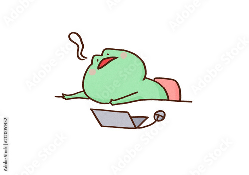 Foto Frog melting and slumping on the desk in front of a laptop, lack of motivation o