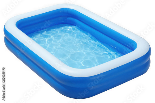 Inflatable blue swimming pool with water on transparent background.