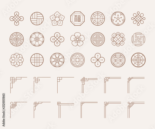 A collection of illustrations featuring traditional Korean patterns and border decorations. Includes a variety of traditional Asian patterns.