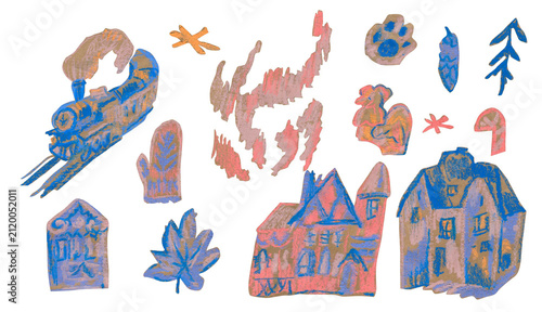 Konstfotografi A collection of New Year's illustrations drawn with wax crayons on a white isolated background