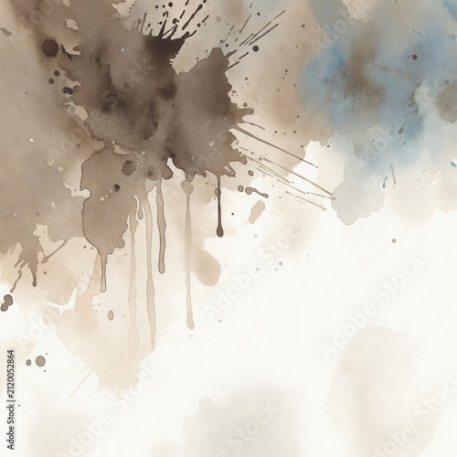 Dripping brown and blue watercolor splashes with pale washes and large white copy space