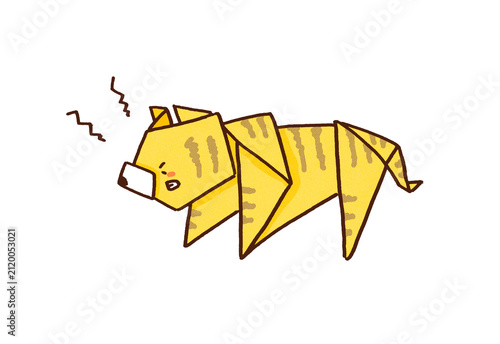 Foto Origami tiger growling and intimidating, paper tiger idiom or empty threat conce