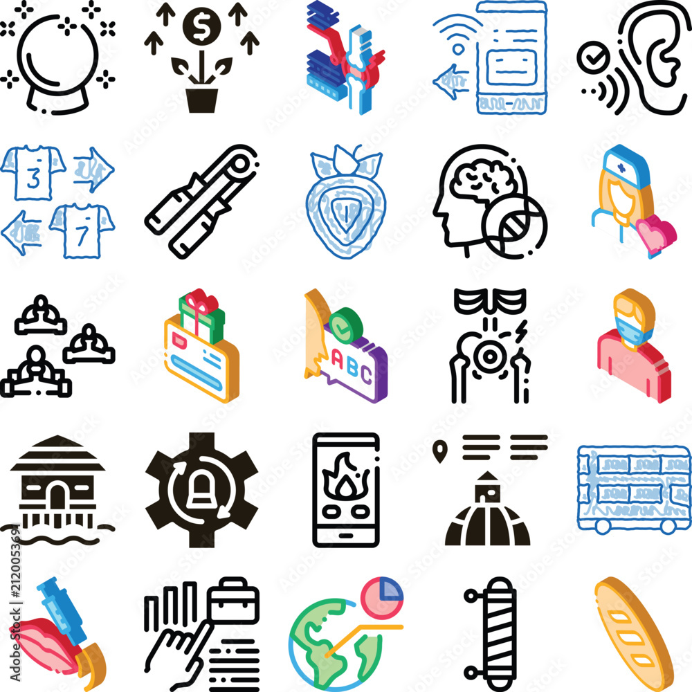 Fototapeta premium Set of various line art icons depicting diverse concepts including financial growth, health issues, communication, education, travel, food, and services