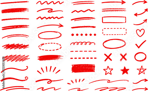 Red crayon underline brush stroke, hand drawn scribble doodle set, red pencil highlight shape, vector illustration.