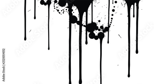 Konstfotografi Abstract Black Ink Drips and Splashes on White Background.