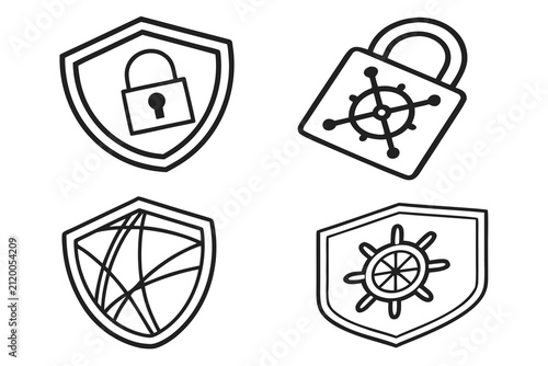 Four security shield icons with lock and protection symbols