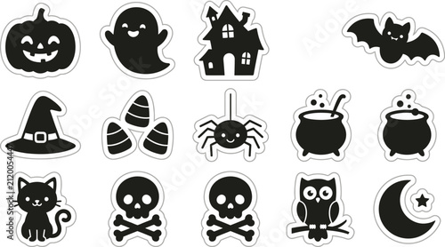 Quadro su tela Cute Halloween sticker vector design set with white borders featuring black silhouette shapes of pumpkin ghost house bat witch hat candy corn spider cauldrons cat skulls owl and moon
