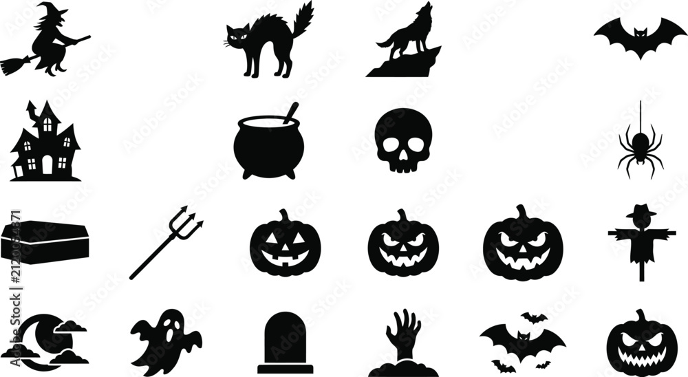 Fototapeta premium Spooky Halloween black icon silhouettes graphic set featuring flying witch cat howling wolf bats house cauldron skull spider coffin pitchfork pumpkins scarecrow moon ghost gravestone and zombie hand.