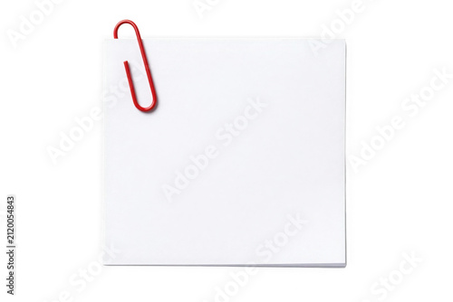 White paper note with red paperclip on transparent background.