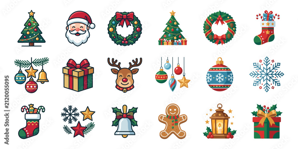 Fototapeta premium Pixel Art Christmas Icons Set: Tree, Santa, Reindeer, Gifts, Snowflakes, Ornaments