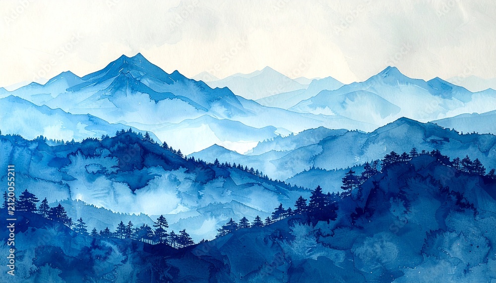 Obraz premium Blue Watercolor Landscape Painting of Misty Mountains and Pine Trees