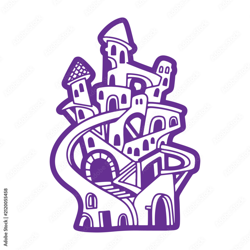 Fototapeta premium Stylized purple of a whimsical fantasy castle with multiple towers and winding staircases, shown on a white background