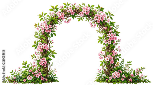 Blooming floral arch with pink spring flowers, romantic garden wedding arbor, decorative botanical entrance frame for celebration events isolated PNG with Transparent Background