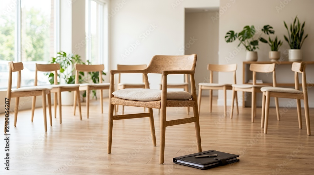 Fototapeta premium Modern minimalist meeting room with wooden chairs and green plants in a bright office space.