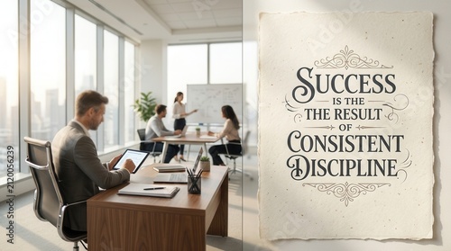 Modern Business Meeting in Bright High-Rise Office with Teamwork and Leadership Concept, with Motivational Quote on Paper