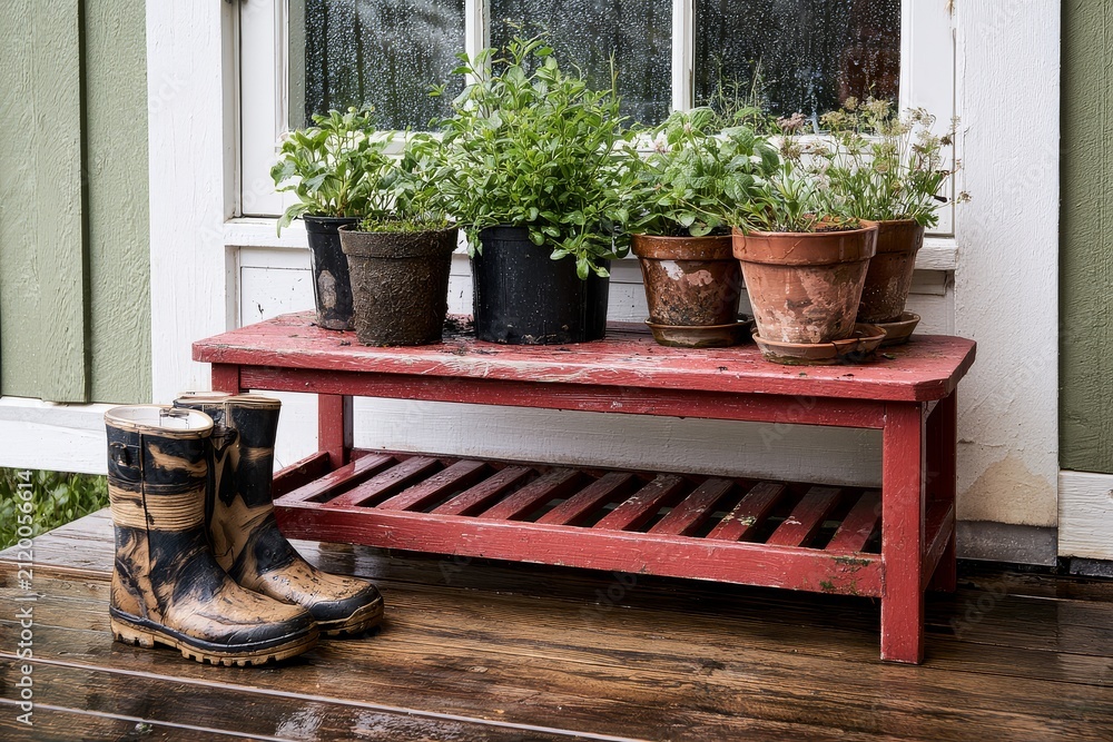 Fototapeta premium A cabin entrance with boot rack and hardy potted plants, accented by clean Scandinavian styling, low-angle view after rain.
