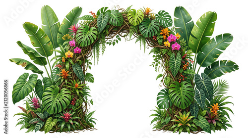Tropical floral arch with monstera leaves and exotic flowers, lush jungle foliage frame, botanical garden entrance for wedding invitation isolated PNG with Transparent Background