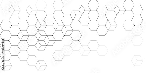 A network of interconnected hexagons and cubes forms an abstract geometric pattern, representing a complex structure or system.
