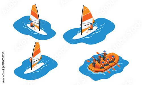 Isometric Windsurfing and Rafting Set on Blue Water