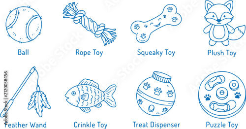 Set of dog toys in simple line drawing style, including ball rope toy squeaky toy plush toy feather wand crinkle toy.