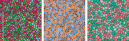 Set of three colorful mosaic patterns with abstract geometric shapes and vibrant stained glass style textures for creative design