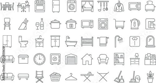 Home furniture and kitchen appliances line art icon set featuring household decor bathroom fixtures and domestic lifestyle items vector illustration