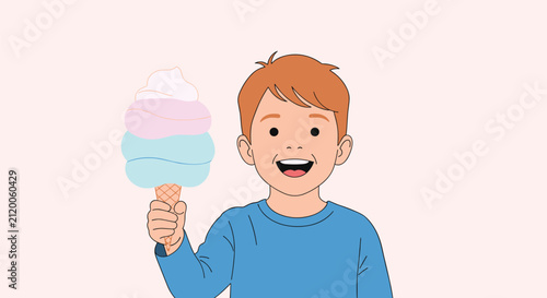 Smiling young boy with ginger hair proudly holds up a giant multi-colored cone of fluffy cotton candy at a summer fair or amusement park.