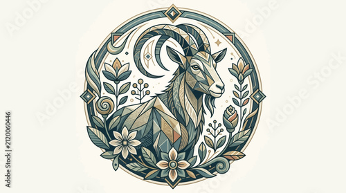 Foto Geometric Goat Zodiac Emblem with Floral Accents