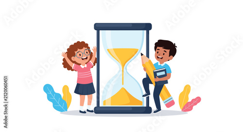 Cheerful girl and boy with school supplies stand next to a giant hourglass symbolizing the importance of time management and study schedules.