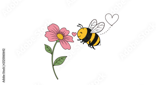 Small busy bumblebee with black and yellow stripes flies towards a beautiful pink flower to collect nectar while leaving a trail of hearts.