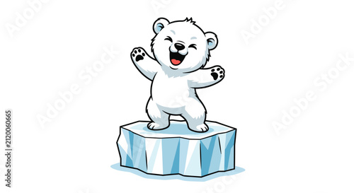 Happy polar bear cub stands on a floating ice floe in the arctic ocean while waving its paws with a joyful smile on its face.