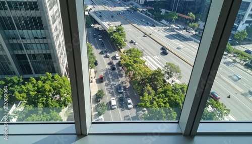Sunny Urban Street View Through Tall Office Window in Modern Downtown
