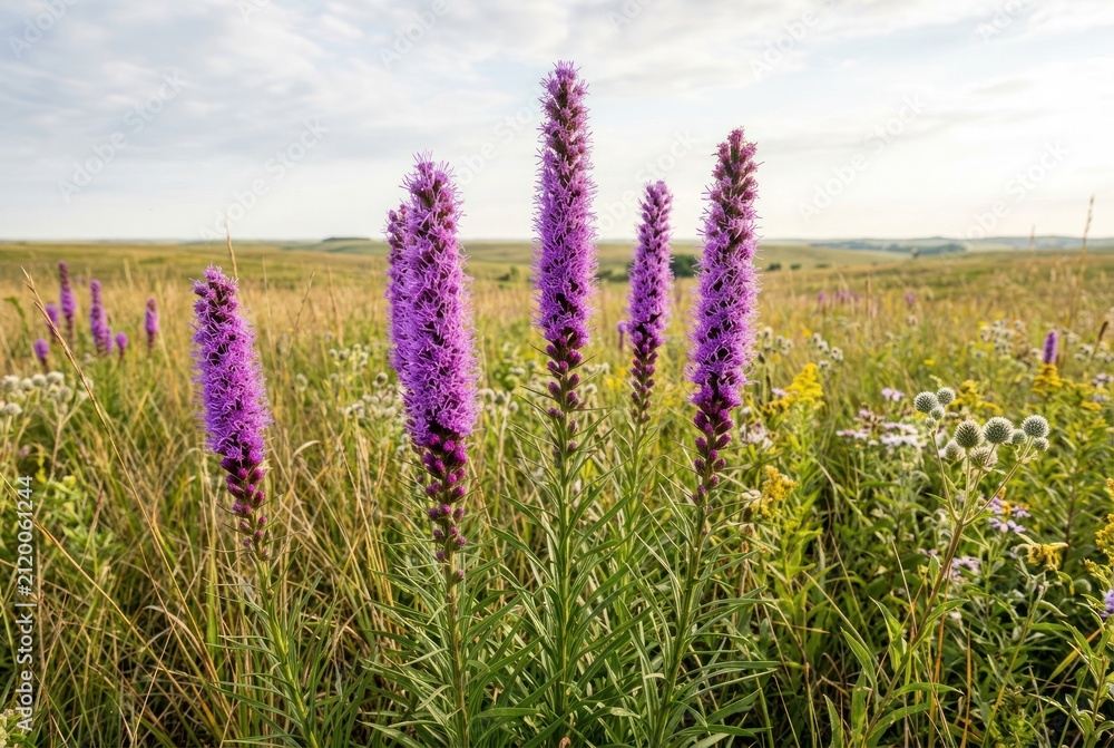Fototapeta premium Purple wildflowers blooming in sunny open field under blue sky