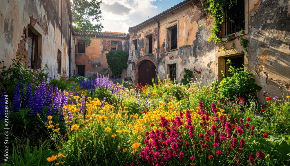 Obraz premium Vibrant Flower Garden Blooms Amidst Old, Decaying European Courtyard Architecture
