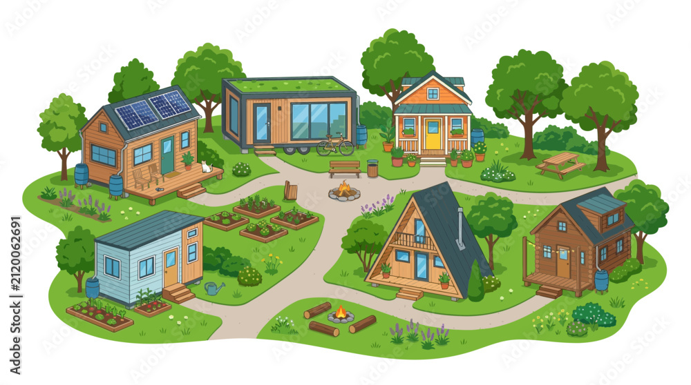 Obraz premium Sustainable Tiny House Village with Solar Panels and Gardens Illustration