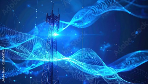 Telecommunication Tower Transmitting Blue Digital Wave Signal in Futuristic Network Background