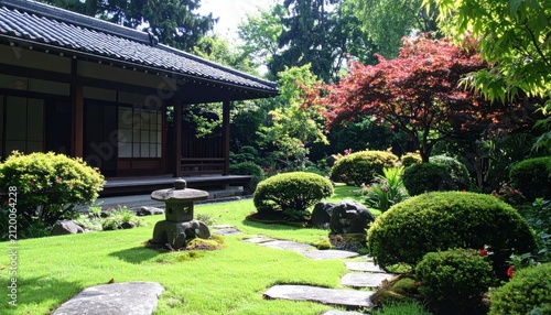 Tranquil Japanese Garden with Traditional House and Stone Path in Lush Green Landscape