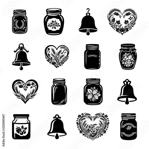 Mason Jar Bell Heart Floral Vector Icons Black Silhouette Set