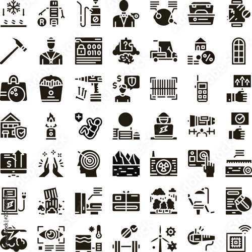 Collection of monochrome glyphs illustrating diverse concepts and subjects like technology, business, security, finance, health, and environment, ideal for graphic design