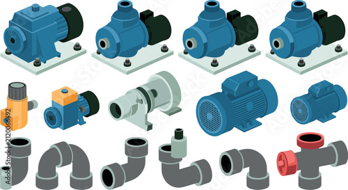 Isometric Industrial Water Pump and Electric Motor Icon Set with Pipeline Fittings, Valves, and Mechanical Equipment Components for Engineering and Plumbing Diagrams
