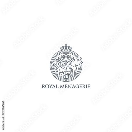 Royal Menagerie Line Art Logo with Elephant Lion and Crown