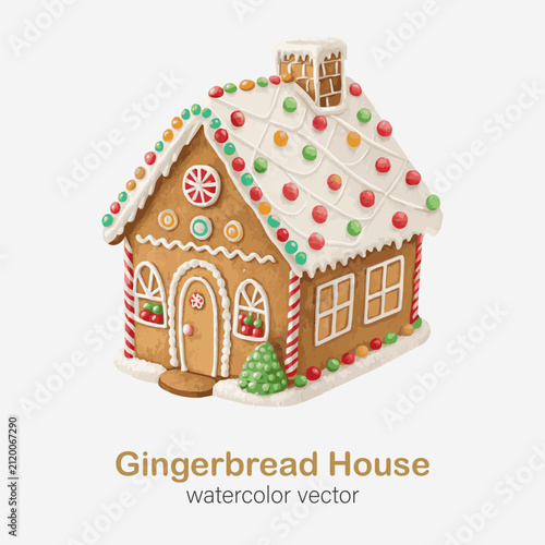 Gingerbread House Christmas Cookie decorated isolated on white background. Christmas holiday watercolor vector illustration.