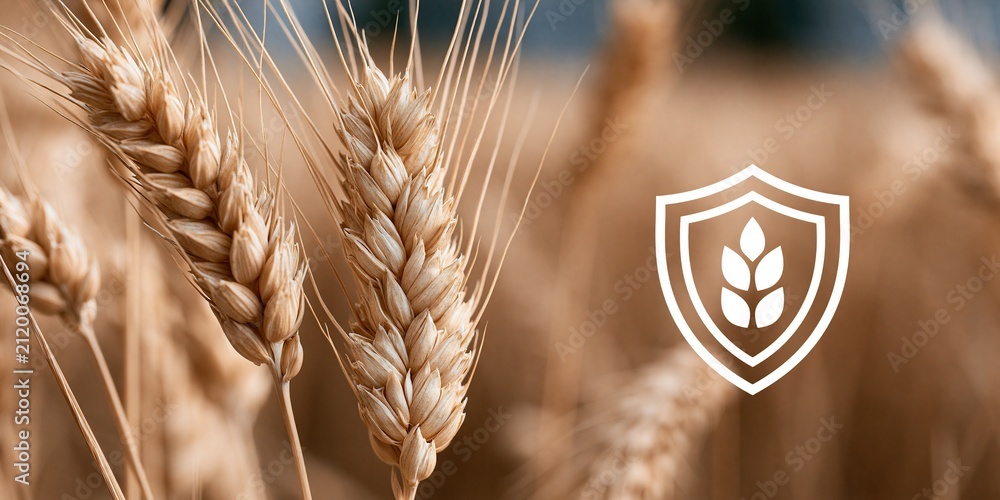 Obraz premium Close-up of Golden Wheat Stalks with a Protective Shield Icon Symbolizing Crop Security and Agricultural Innovation