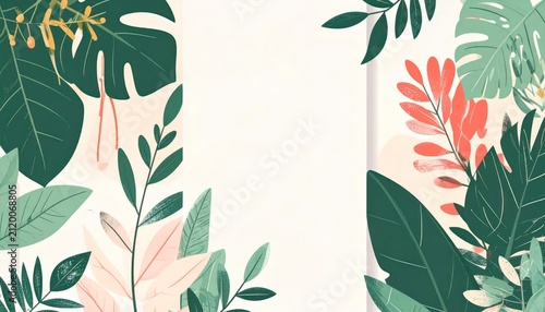Tropical Botanical Leaf Border Framing Blank Space on Light Background