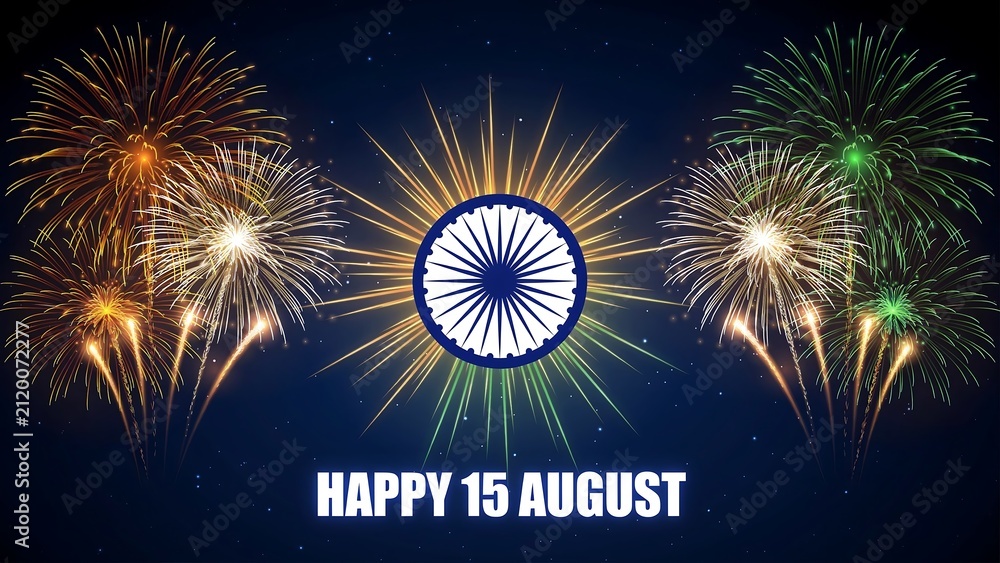 Obraz premium A festive image for happy 15 august independence day, featuring a glowing ashoka chakra surrounded by colorful fireworks on a starry night sky.