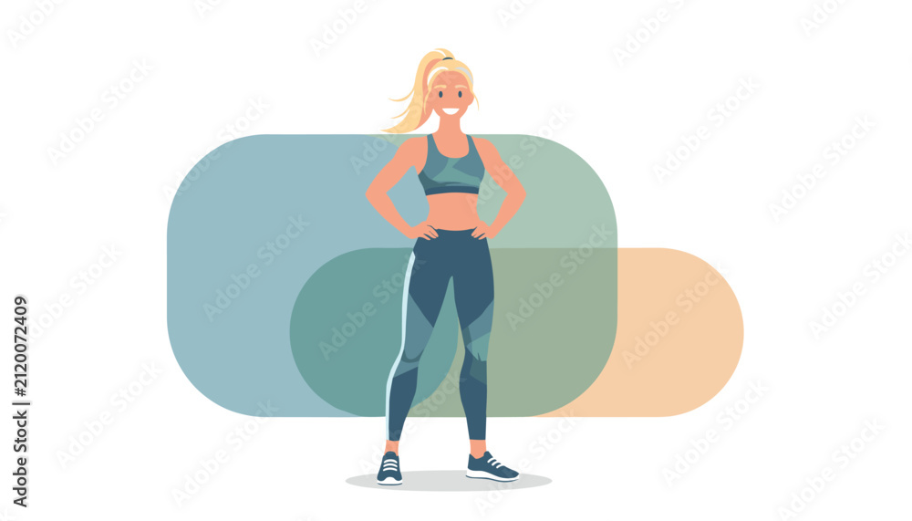 Fototapeta premium Confident young athletic blonde woman in blue activewear posing with hands on hips on an abstract background.