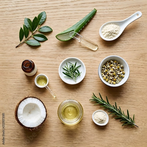 Flat Lay Composition of Natural Skincare Ingredients with Aloe Vera, Coconut Oil, Essential Oil Dropper, Chamomile Flowers, and Herbs on Wooden Table